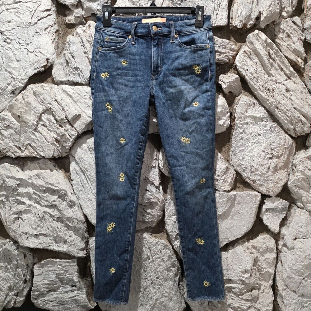 Joe’s Jeans Floral Embroidered Mid Rise Skinny Jeans Raw Hem Size 26 Boho Fairy